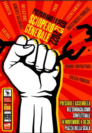 Manifesto con pugno alzato per lo sciopero generale in Italia, 20 dicembre 2022.
