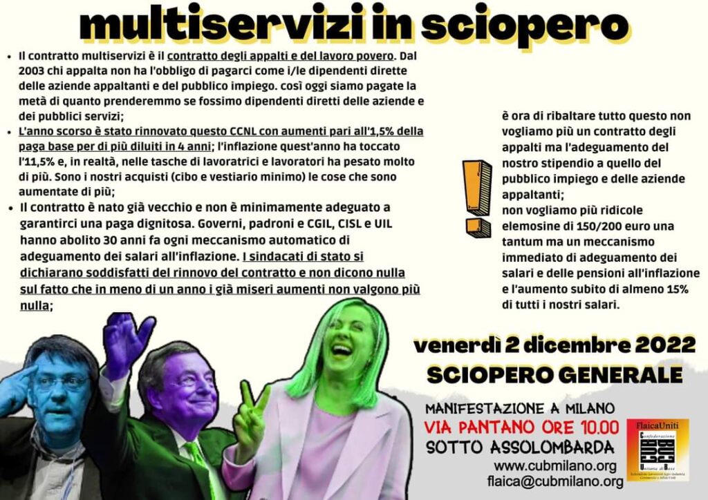 Manifesto multiservici per lo sciopero generale in Italia, 20 dicembre 2022.