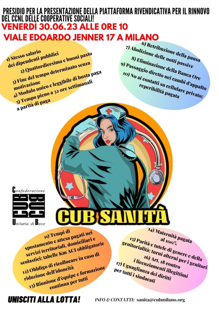Un poster del CUB Sanita per la presentazione della piattaforma rivendicative per il rinnovo del CCNL delle cooperativi sociali.