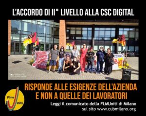 Una pubblicità per il comunicate della FLMUniti sull'accordo DI II livello alla csc digital