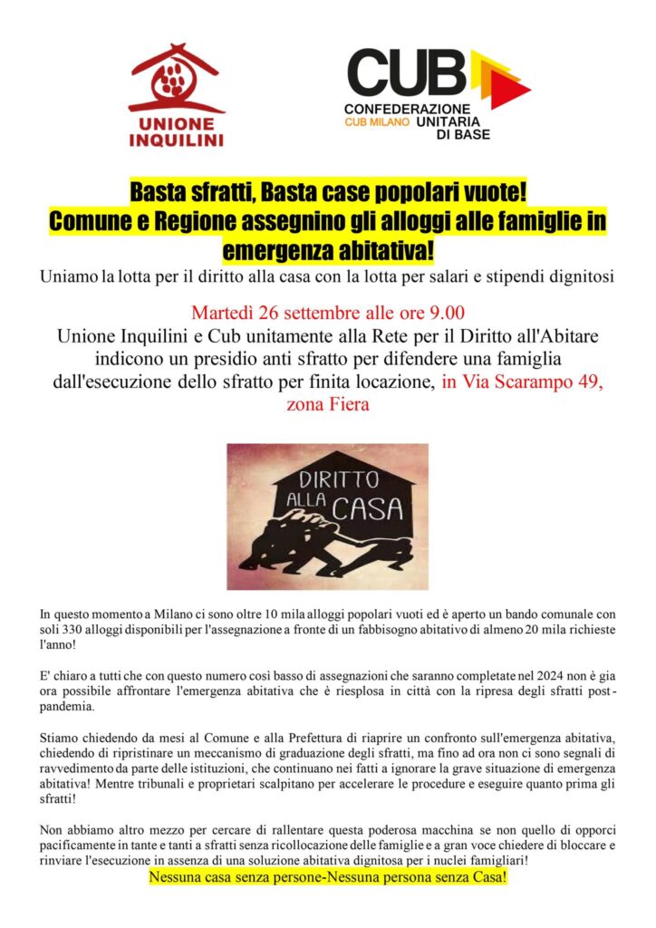 Volantino CUB Milano e Unione Inquilini per presidio contro gli sfratti in via Scarampo, Fiera Milano.