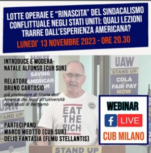 Un poster per webinar sulle lotte operaie e rinascita del sindacalismo conflittuale negli Stati Uniti.