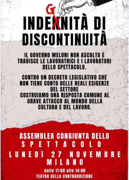 Un poster per l'assemble congiunta dello spettacolo in Milano contro un decreto legislativo di governo Meloni.