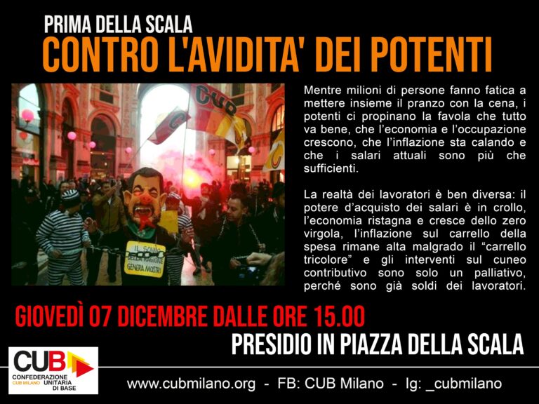 Un poster per presidio in piazza della Scala contro l'avidata dei potenti 7 dicembre.