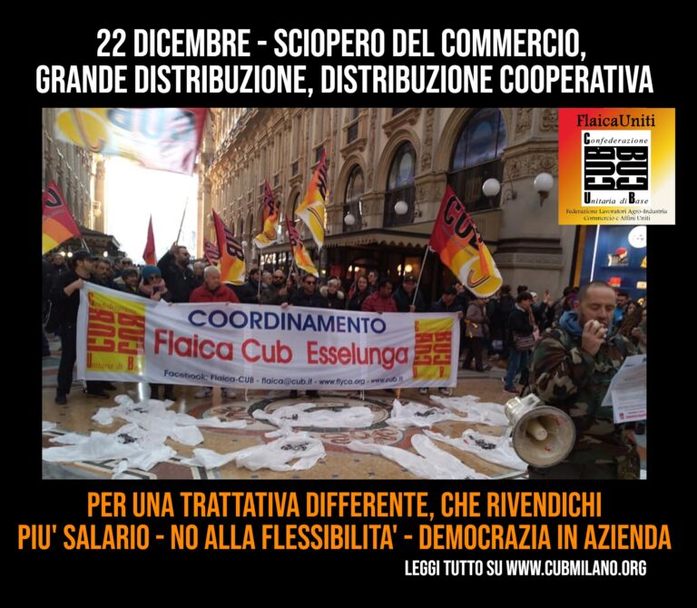 Un poster di CUB Flaica Uniti per la mobilitazione per sciopero del commercio in Milano.