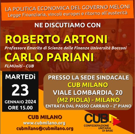 Un poster per una discussione tra Carlo Pariani e professor Roberto Artoni sull'austerita e politica economica del governo Giorgia Meloni e Fratelli D'Italia.