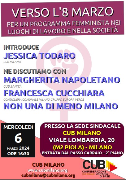 Un poster per discussione femminista nei luoghi di lavoro e nella societa con Margherita Napoletano, Francesca Cucchiara, Non Una Di Meno Milano, e Jessica Todaro.