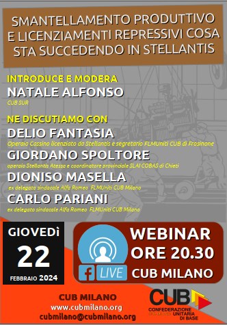 Un poster per il webinar sul smantellamento produttivo e licenziamenti repressivi con Delio Fantasia, Giordano Spoltore, Dioniso Masella, e Carlo Pariani.