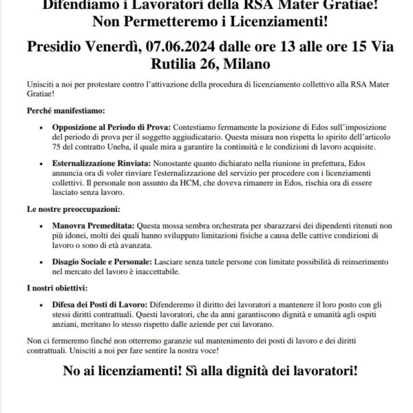 Presidio contro i licenziamenti nella RSA Mater Gratiae