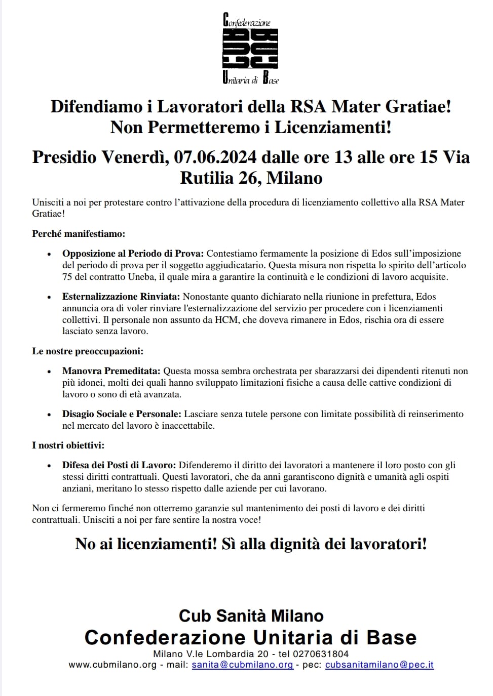 Scopri di più sull'articolo Presidio contro i licenziamenti nella RSA Mater Gratiae