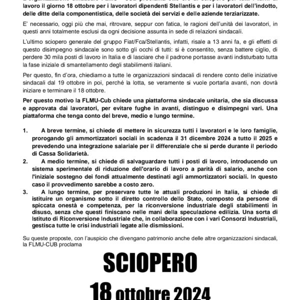 Sciopero 18 ottobre per Stellantis e terziarizziati