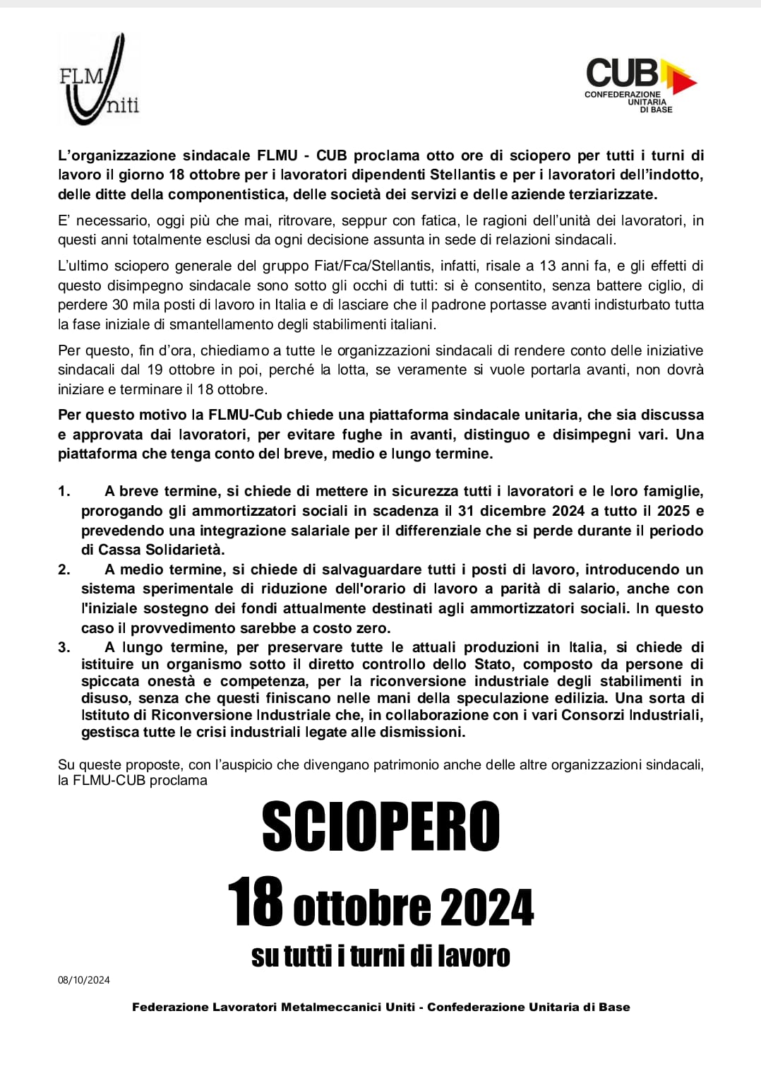 Scopri di più sull'articolo Sciopero 18 ottobre per Stellantis e terziarizziati