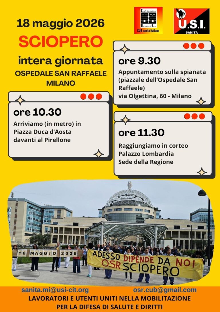Ospedale San Raffaele: lunedì 18 maggio sciopero intera giornata